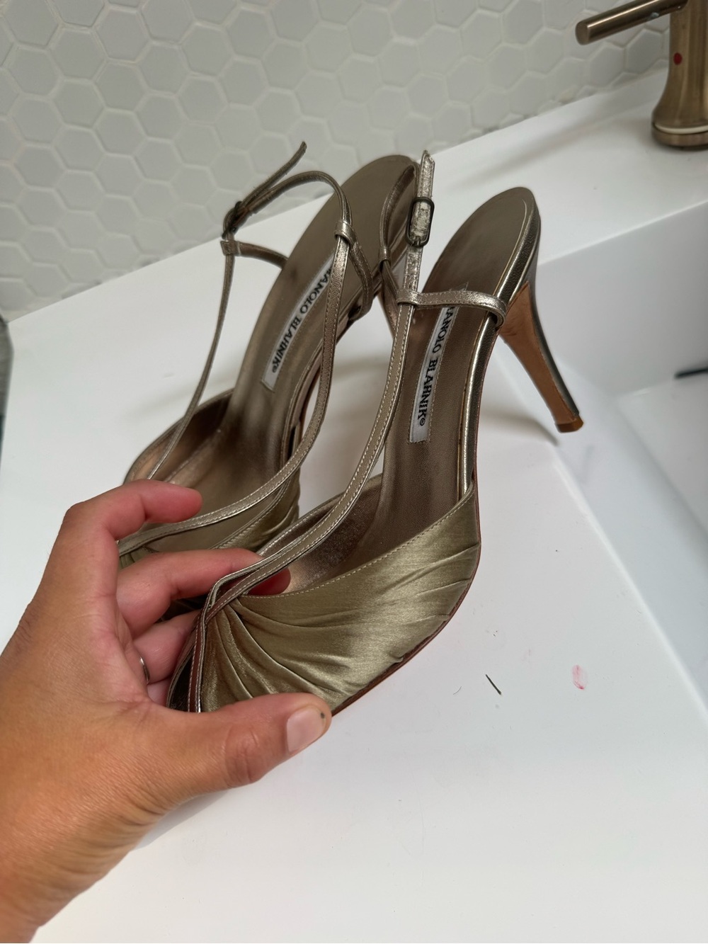 Manolo Blahnik Vintage Y2K Metallic Gold Slingback Peep-Toe Heels - Picture 2 of 11